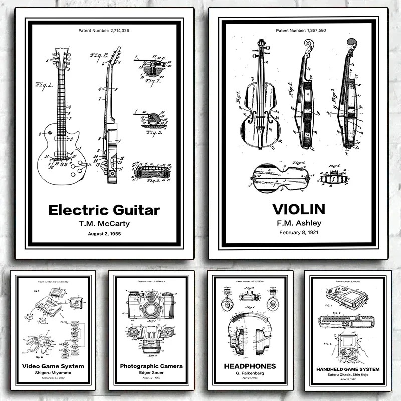 Musical Instrument Videos - Musikinstrument-Patente Poster Leinwanddruck Gitarre Saxophon Boombox